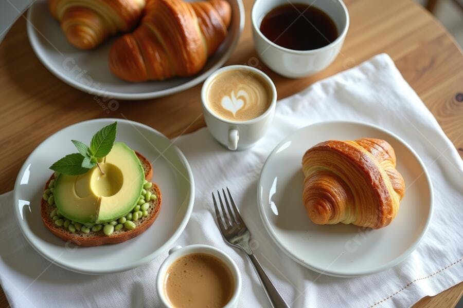 Foto Café da Manhã Croissant Torrada Abacate Flat Lay