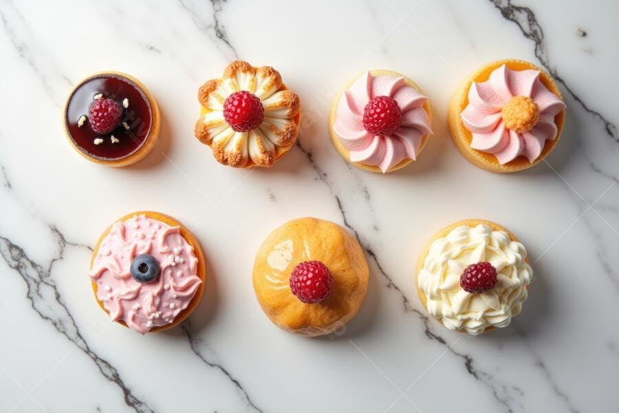 Foto Doces Finos Variados com Frutas Vermelhas Flat Lay