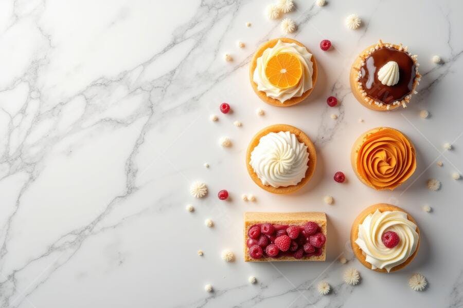 Foto Doces Finos Variados Confeitaria Fundo Mármore Branco