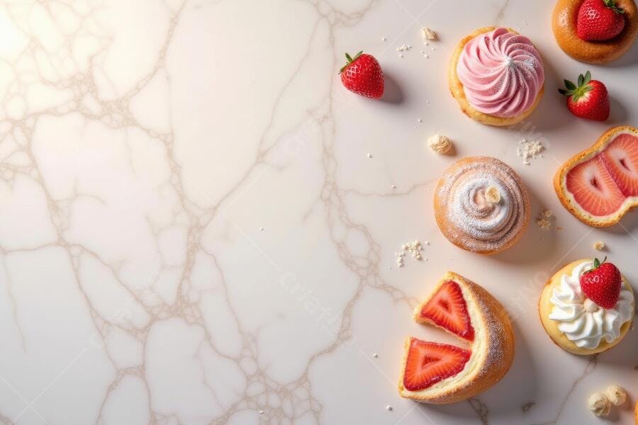 Foto Doces Finos Morango Confeitaria Flat Lay Mármore