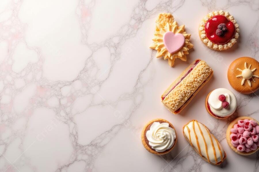 Foto Flat Lay Doces Finos Variados Marmorizado Claro