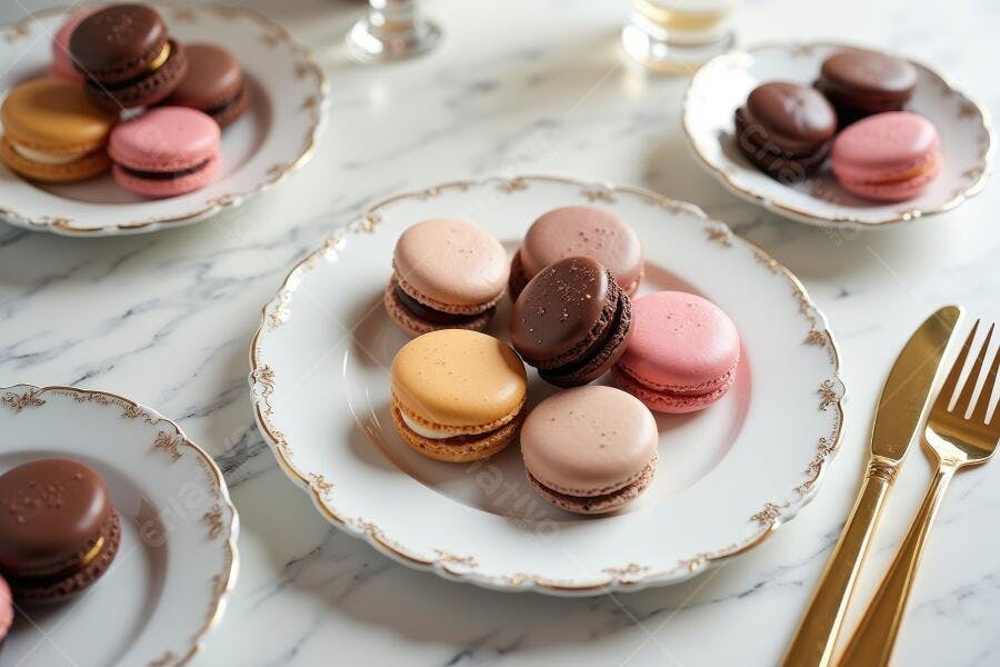 Foto Macarons Coloridos em Pratos Brancos Mesa de Mármore
