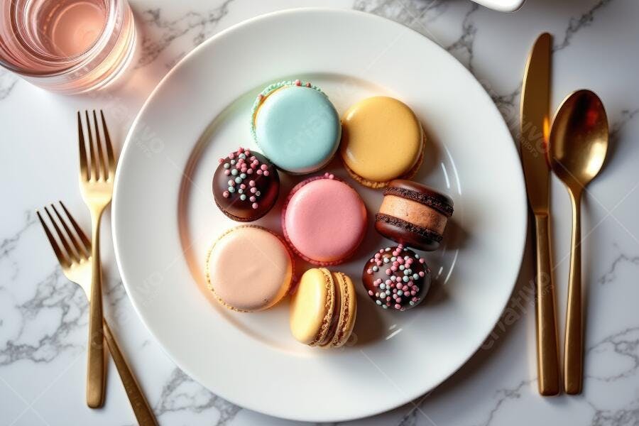 Foto Macarons e Doces Finos Coloridos Prato Branco