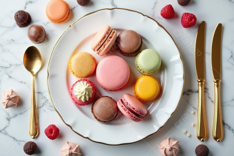 Foto Flat Lay Macarons Coloridos Prato Branco Mármore