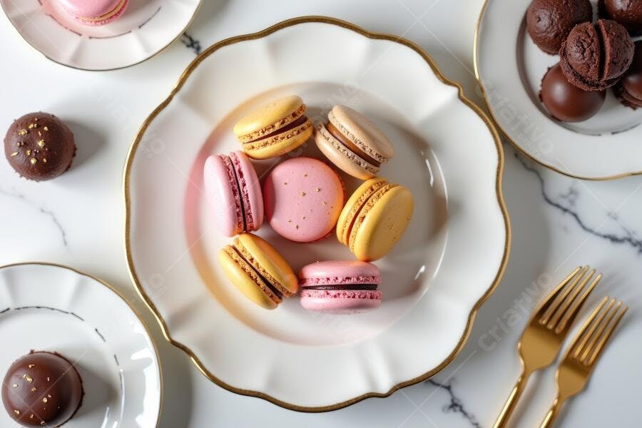 Foto Macarons Coloridos Prato Branco Dourado Flat Lay