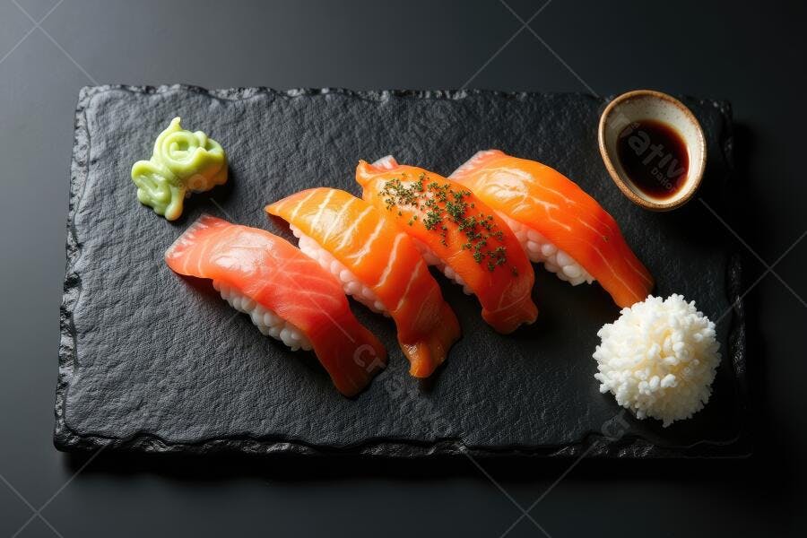 Foto Sushi Salmão Nigiri Wasabi Molho Shoyu Fundo Escuro