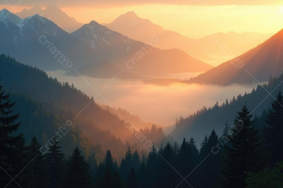 Foto Montanhas Nevoeiro Amanhecer Floresta Pinheiros Paisagem
