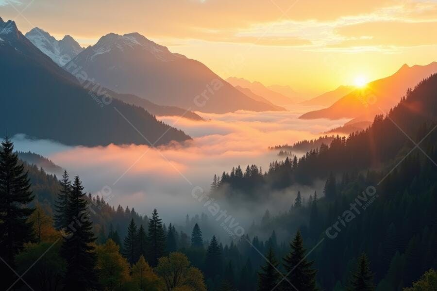 Foto Montanhas Nevoeiro Vale Nascer do Sol Dourado