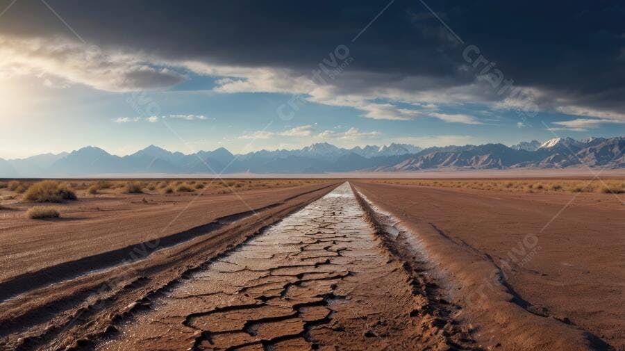 Foto Estrada Rachada Deserto Montanhas Céu Nublado