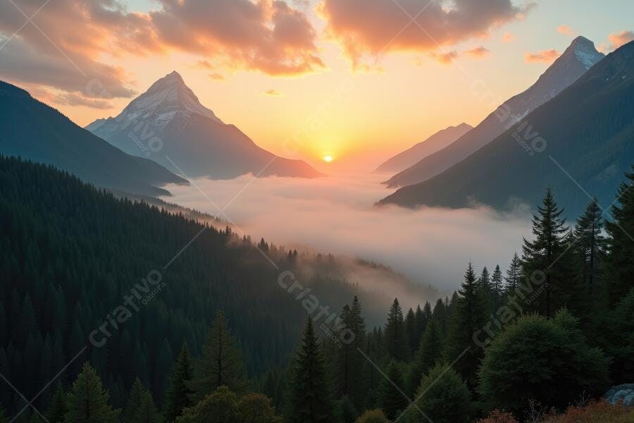 Foto Montanhas Nevadas Vale Nublado Amanhecer Dourado