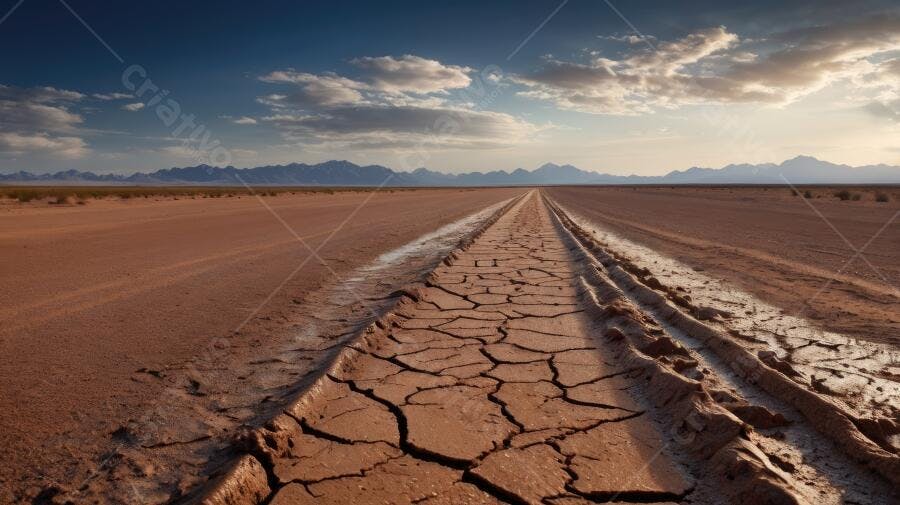 Foto Estrada Rachada Deserto Seco Céu Azul Montanhas Distantes