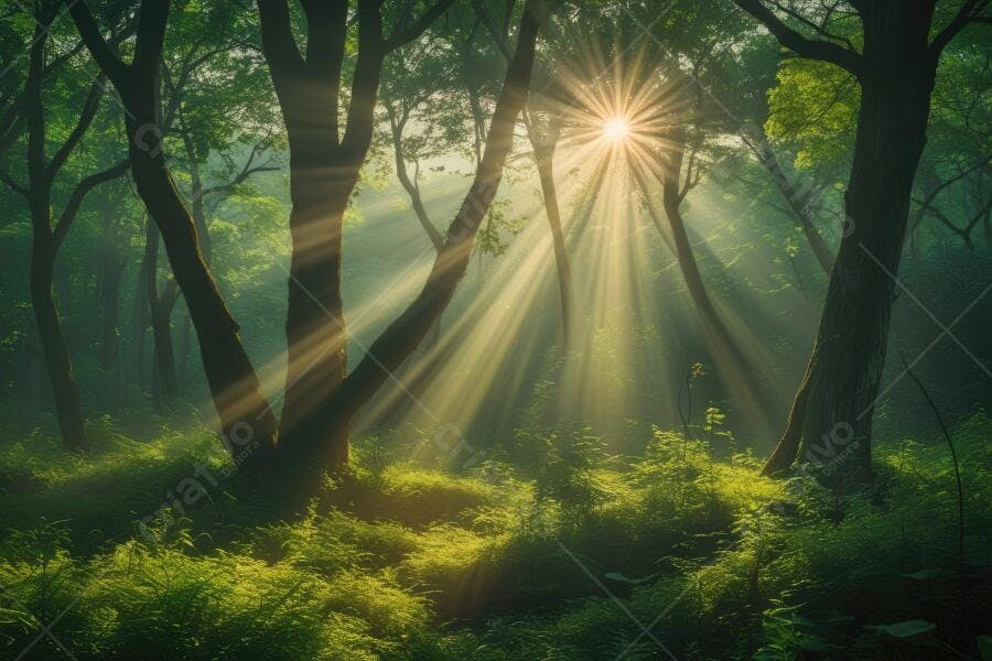 Foto Floresta com Raios de Sol Dourados Natureza