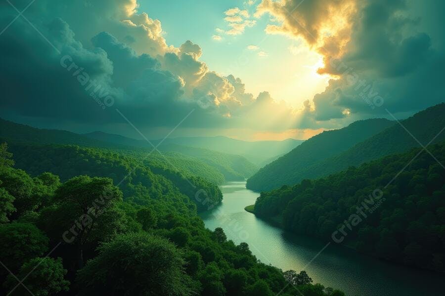 Foto Paisagem Vale Rio Montanhas Verdes Pôr do Sol Dourado