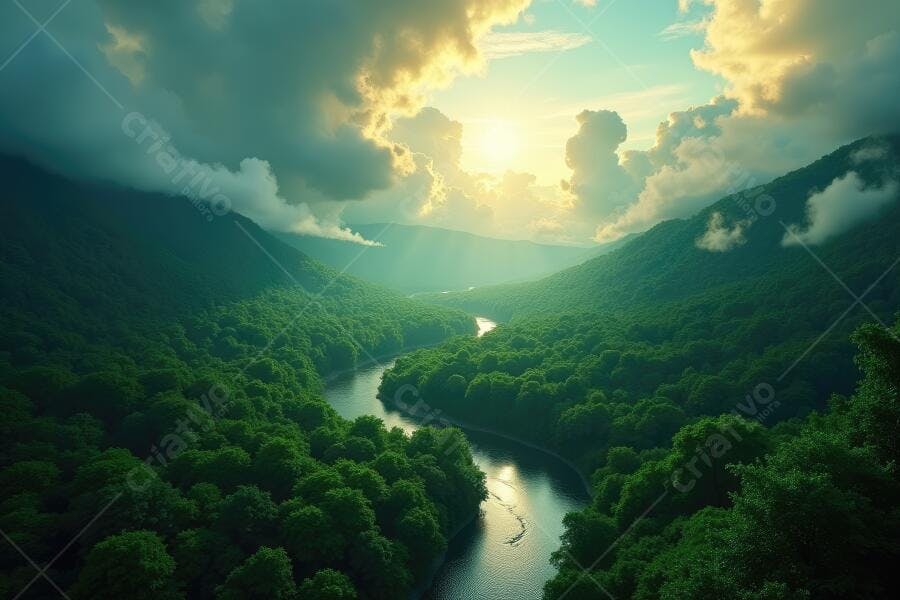 Foto Rio Serpentino Vale Montanhas Verdes Pôr do Sol