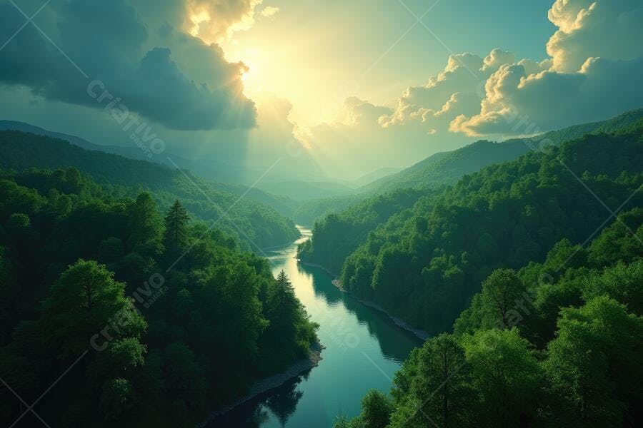 Foto Paisagem Vale Rio Montanhas Verdes Pôr do Sol Dourado