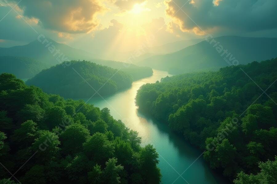 Foto Rio Serpentino Montanhas Verdes Pôr do Sol Natureza