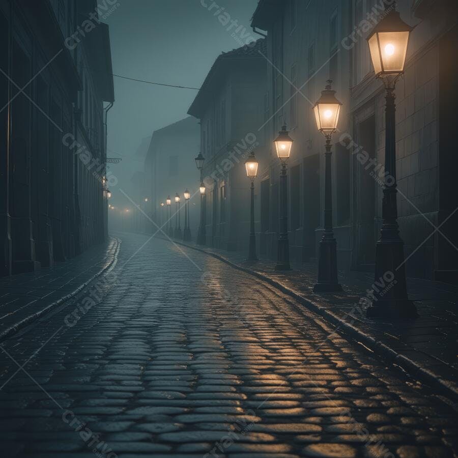 Foto Rua de Paralelepípedos Antiga Neblina Noturna Iluminação Urbana