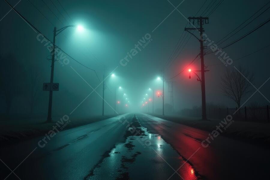 Foto Rua Neblina Luzes Verdes Vermelhas Noite Escura