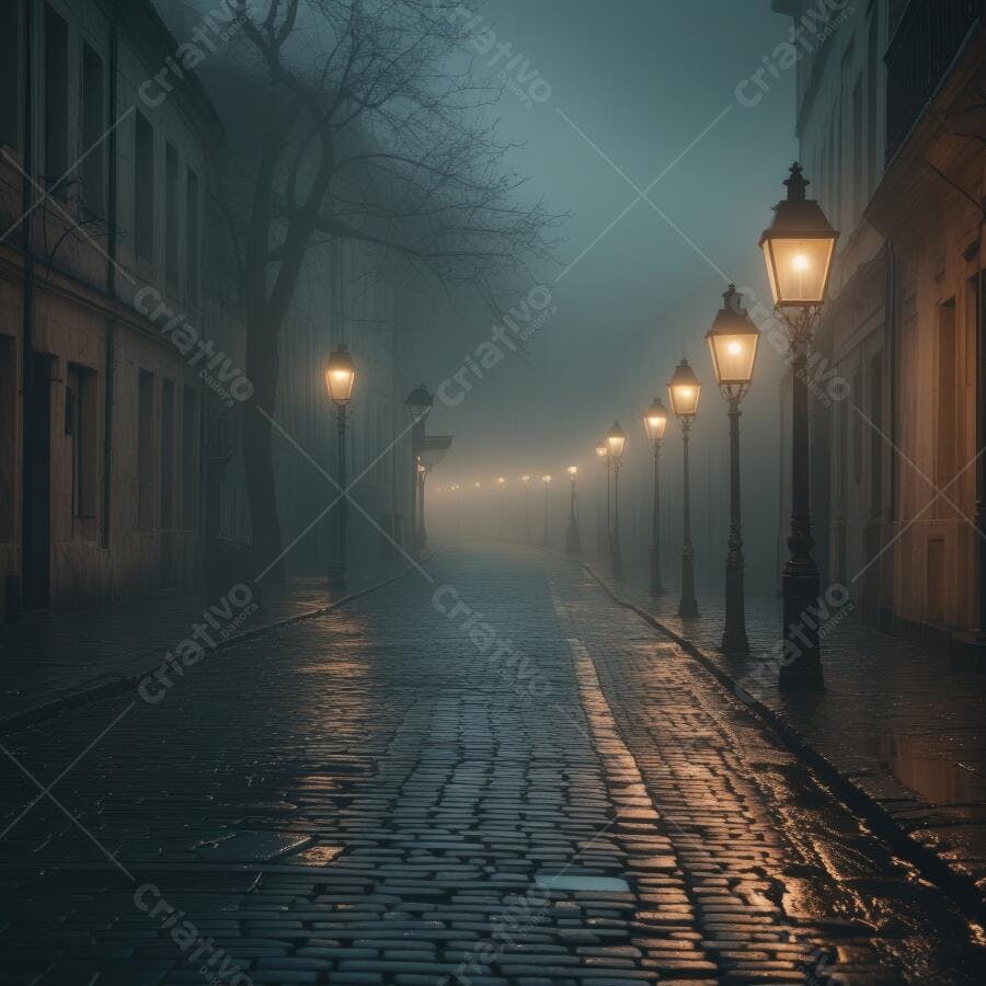 Foto Rua de Paralelepípedos Antiga com Névoa e Postes de Luz Noturna