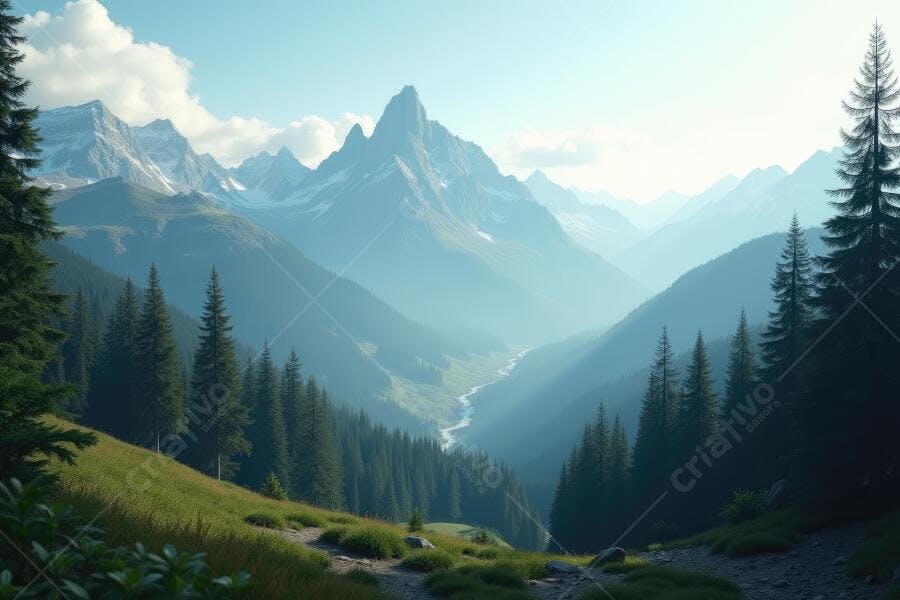 Foto Paisagem Montanhas Alpes Vale Rio Floresta Pinheiros