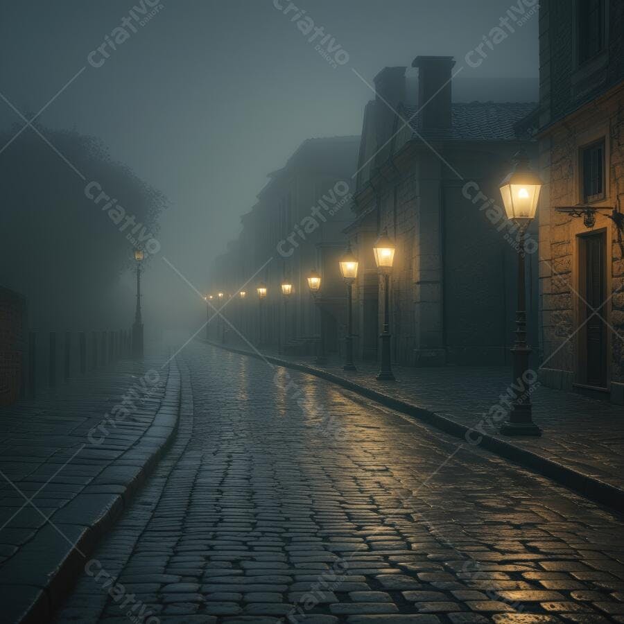 Foto Rua de Paralelepípedos Noturna com Neblina e Postes de Luz