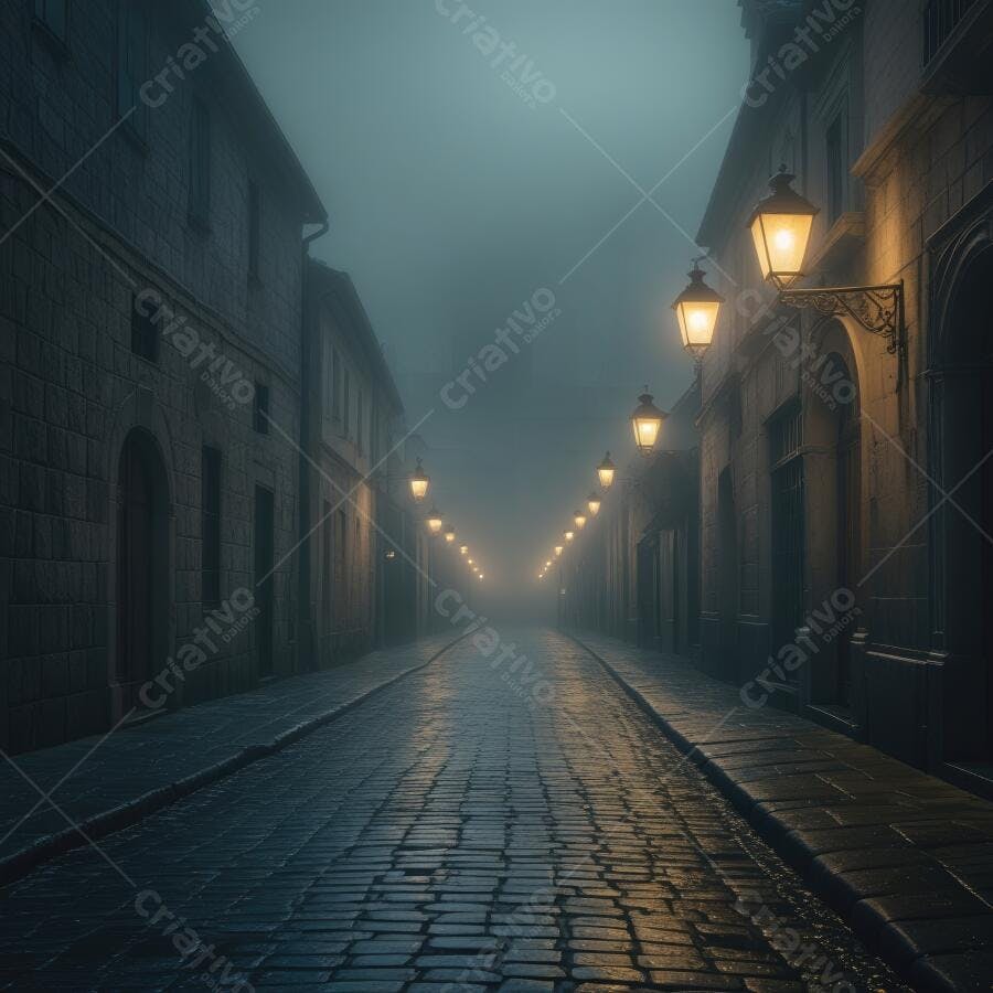 Foto Rua Antiga Neblina Lâmpadas Iluminadas Noite
