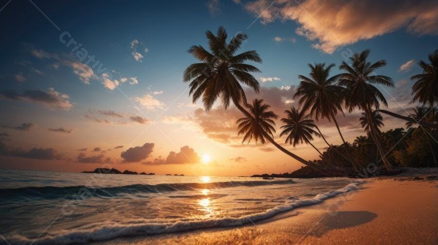 Foto Praia Tropical Coqueiros Pôr do Sol Dourado Mar