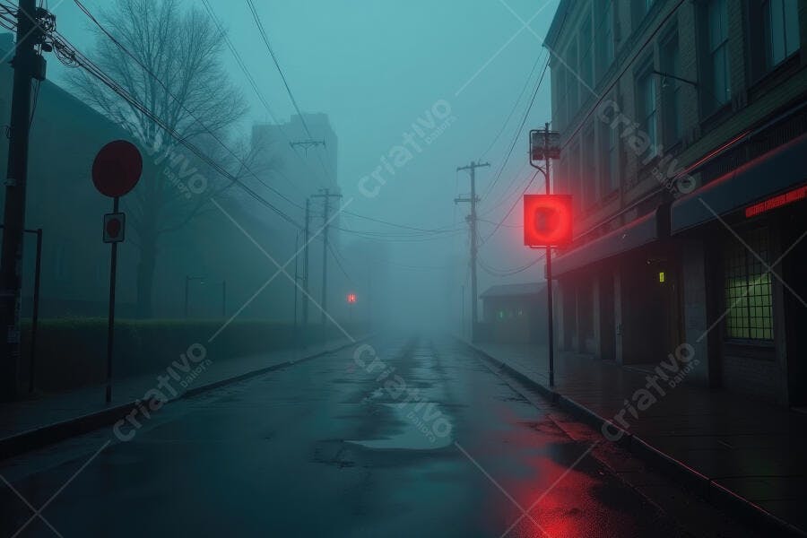 Foto Rua Vazias Nevoeiro Intenso Semáforo Vermelho Noite