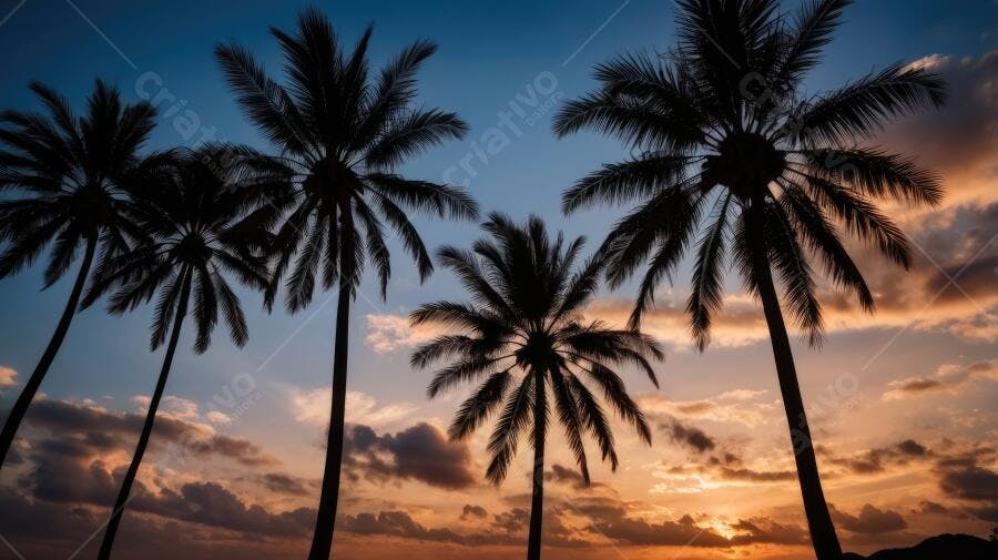 Foto Coqueiros Silhueta Pôr do Sol Céu Laranja Azul Praia