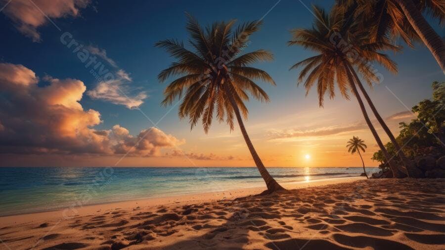 Foto Praia Tropical Coqueiros Pôr do Sol Céu Azul Dourado