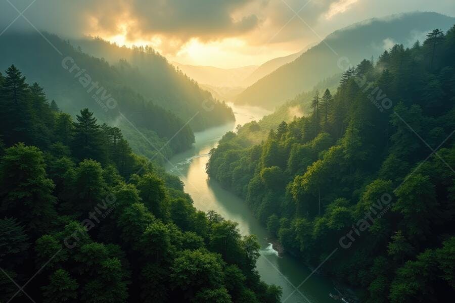 Foto Rio Serpentino Vale Montanhas Verdes Neblina Amanhecer
