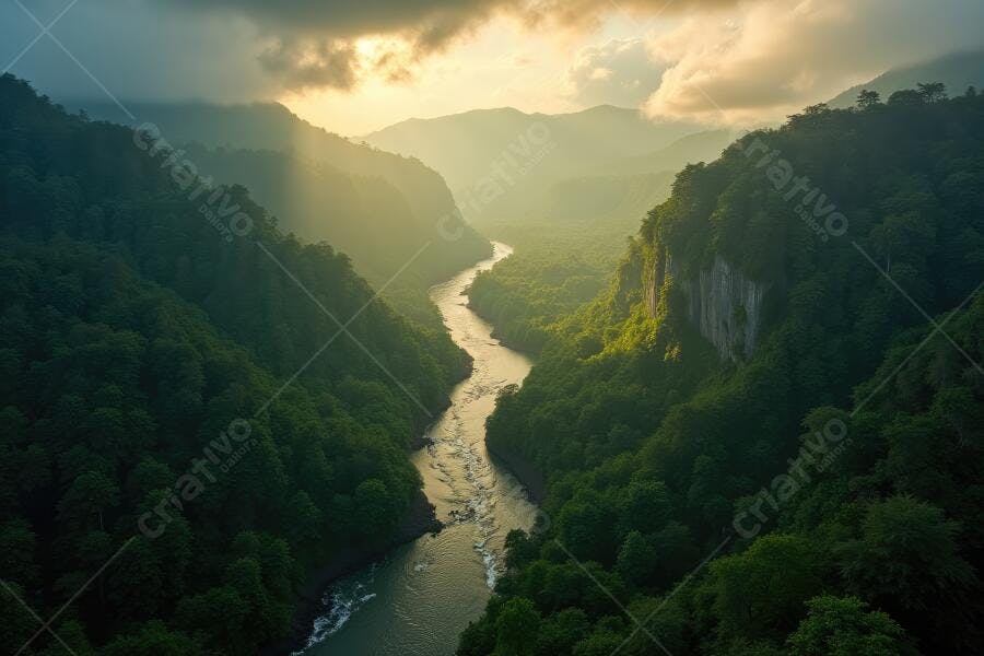 Foto Aérea Rio Serpentino Vale Montanhoso Floresta Tropical