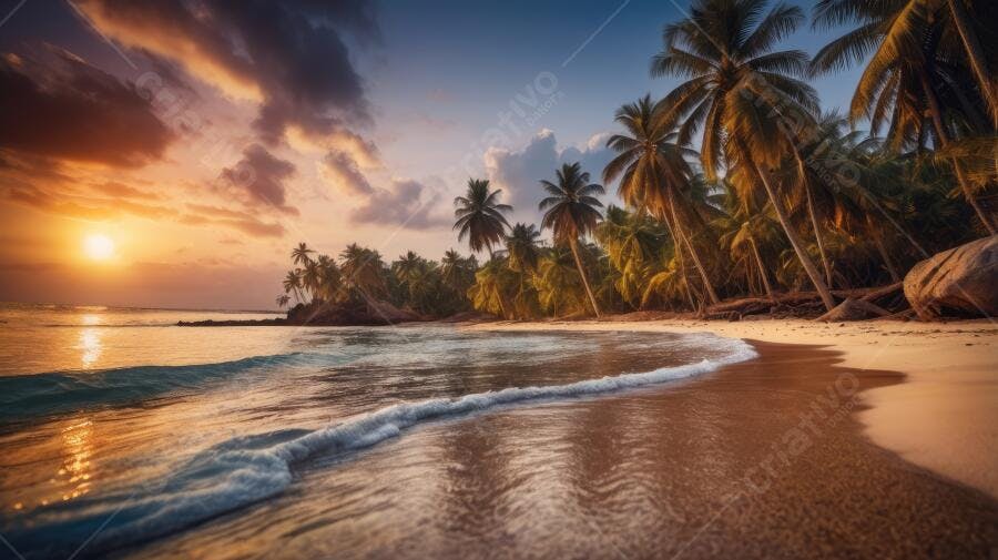 Foto Praia Tropical Coqueiros Pôr do Sol Dourado Mar
