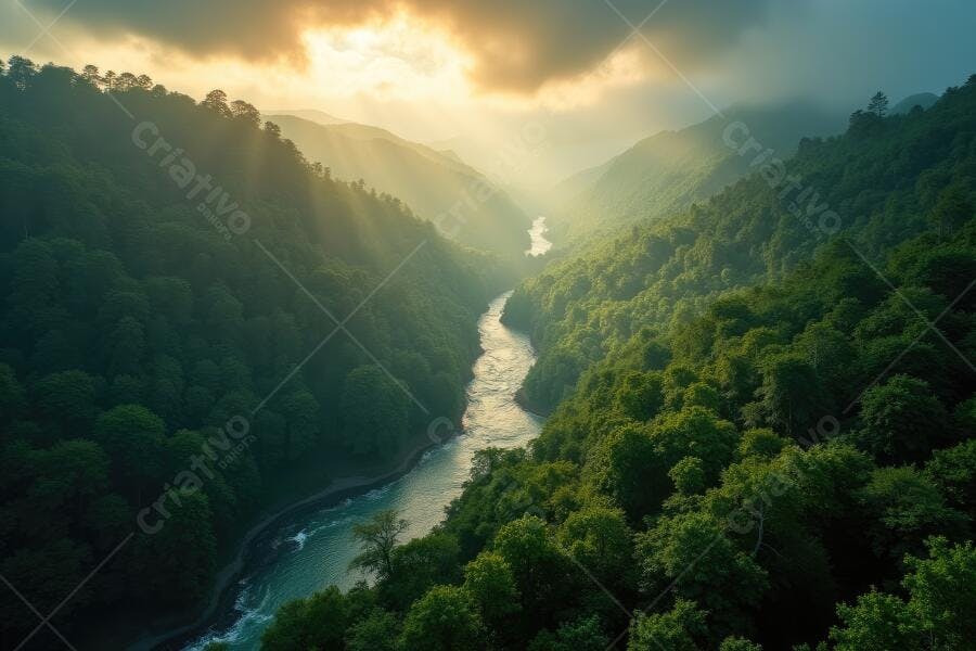 Foto Rio na Floresta Amazônica Vale Montanhoso Nascer do Sol