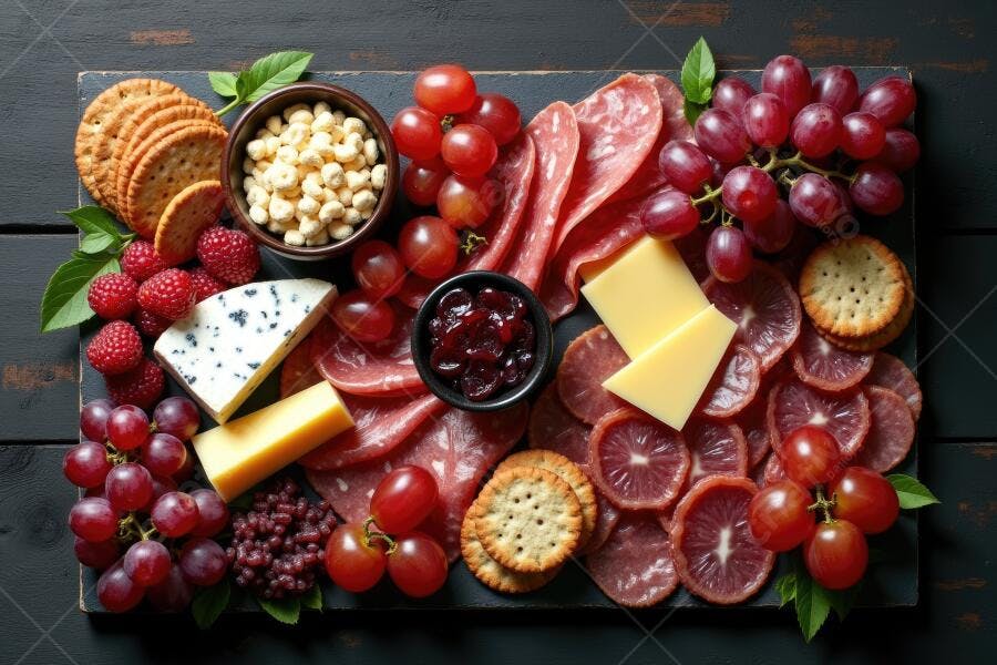 Foto Tábua de Frios Queijos Embutidos Frutas Flat Lay