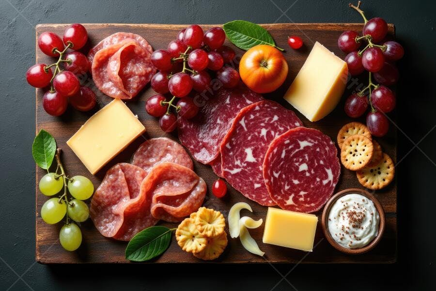 Foto Tábua de Frios Queijos Salame Uvas Flat Lay Alimentos
