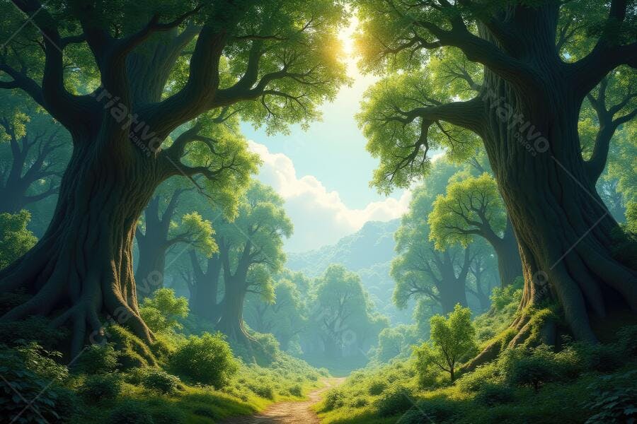 Foto Floresta Encantada Caminho Árvores Gigantes Luz Solar