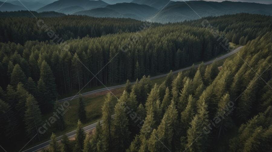 Foto Aérea Estrada na Floresta de Pinheiros Montanhas