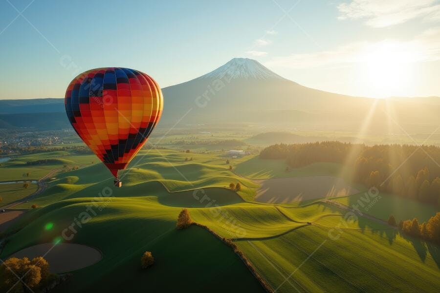 Foto Balão de Ar Quente Voando Montanha Fuji Nascer do Sol