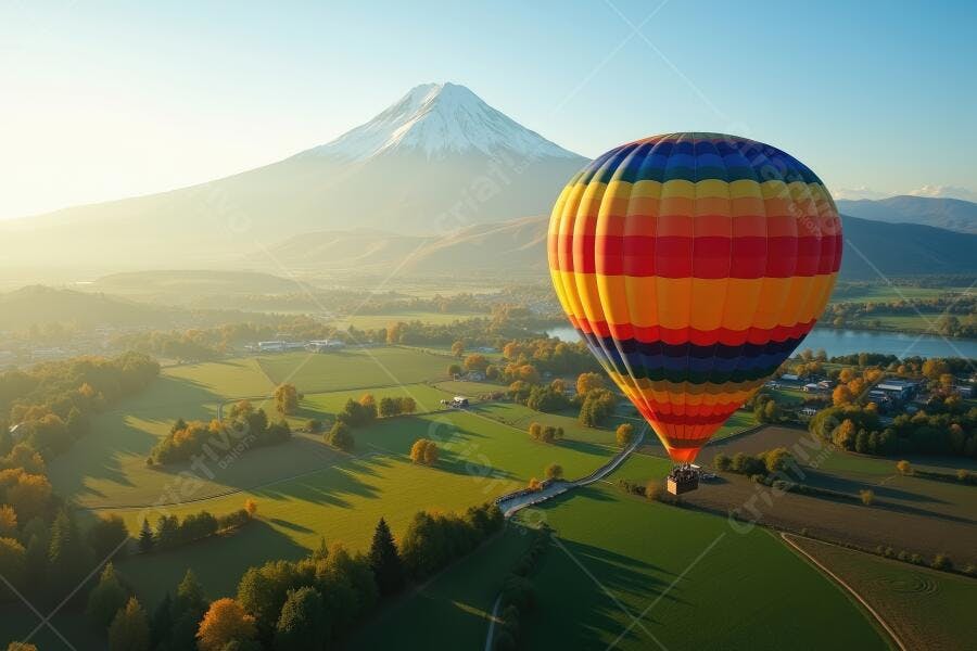 Foto Balão de Ar Quente Colorido Montanha Fuji Nascer do Sol