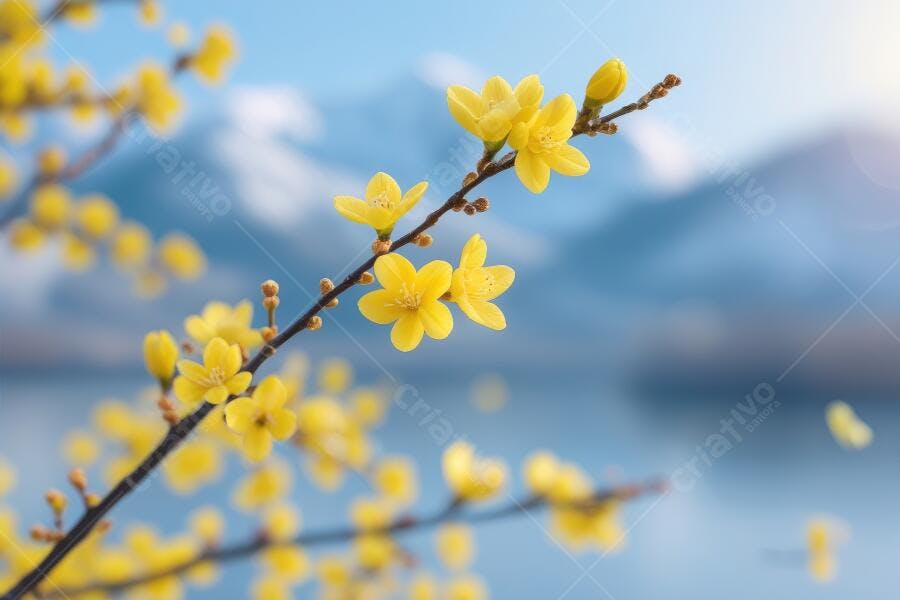 Foto Flores Amarelas Primavera Fundo Azul Céu Lago