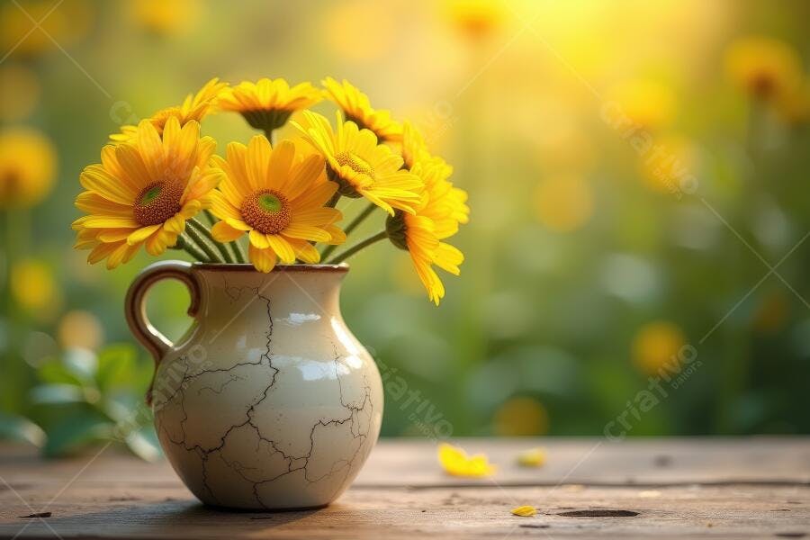 Foto Vaso de Flores Amarelas Margaridas Iluminação Dourada