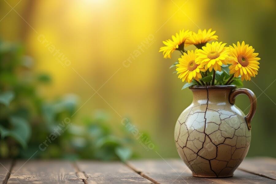 Foto Vaso de Flores Amarelas Douradas Mesa de Madeira