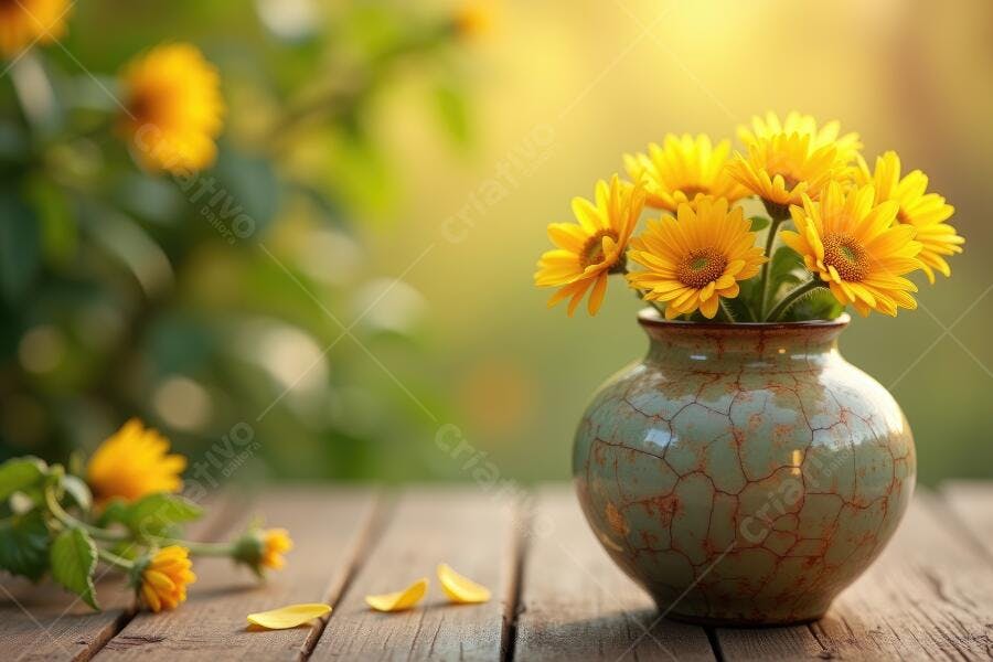 Foto Vaso de Flores Amarelas Mesa de Madeira Natural