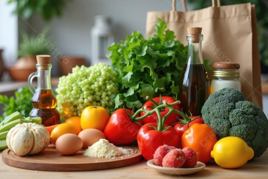 Foto Alimentos Frescos Legumes Frutas Ovos Azeite Cozinha