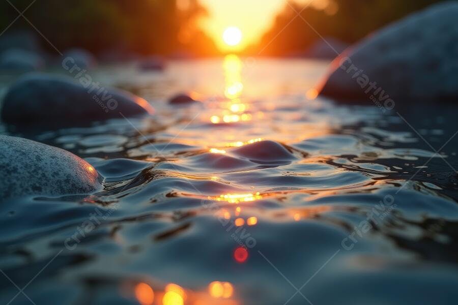 Foto Rio Pedras Água Corrente Pôr do Sol Dourado Natureza
