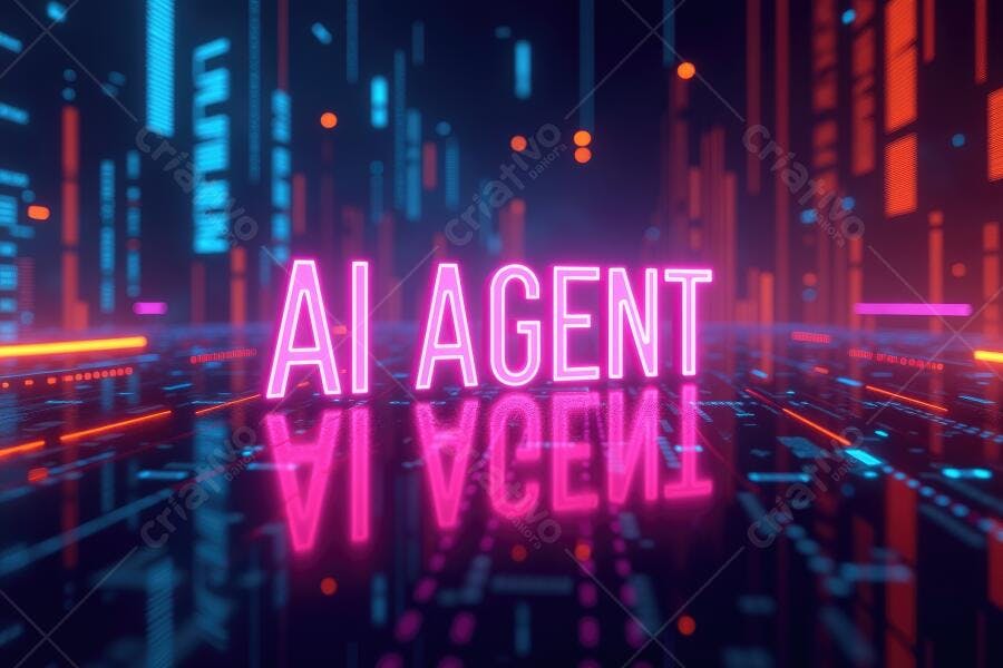 AI Agent Neon Letras Refletidas Fundo Tecnológico Abstrato