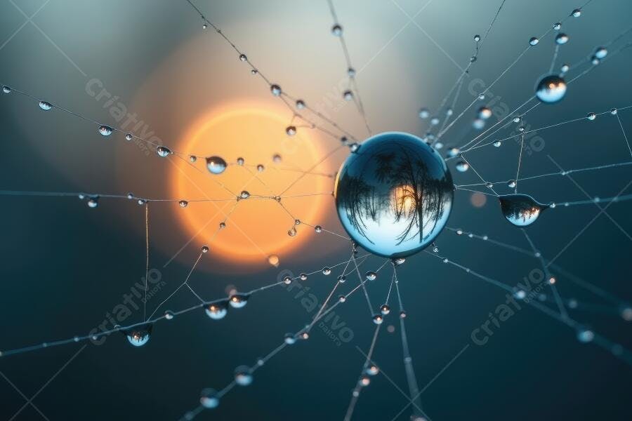 Foto Gotas de Orvalho Teia de Aranha Reflexo Sol Nascente