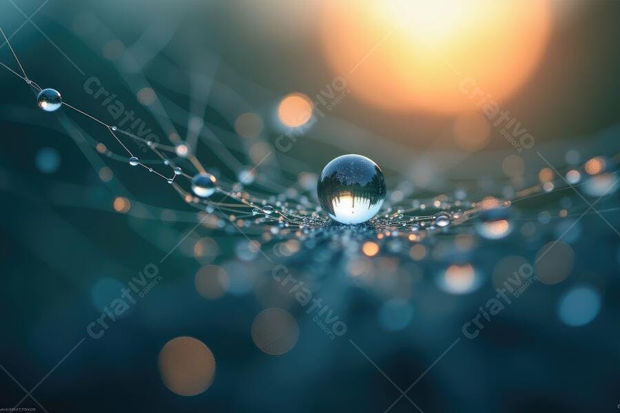 Foto Gotas de Água Teia de Aranha Brilhando Luz Dourada Macro