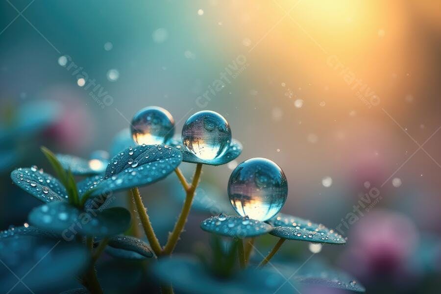 Foto Gotas de Orvalho Folhas Verdes Luz Dourada Natureza
